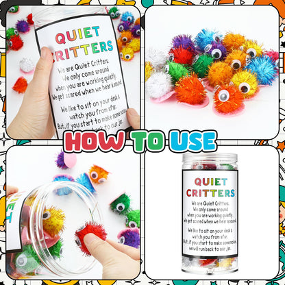WinnerWhy 50 Pcs 1'' Pom Poms Critters with Plastic Jar Quiet Critters Classroom Management, Behavior Classroom Management Tool, Homeschooling, Educational and Learning Activities for Kid (Neon Color)