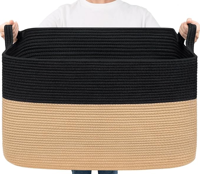 Goodpick Large Woven Blanket Basket 23.6" x 15.7" x 13.8" Cotton Rope Storage Organizer for Dirty Clothes Pillows, Wicker Storage Basket for Living Room Bedroom, Black & Jute