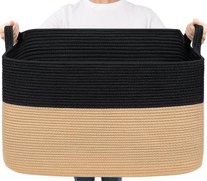 Goodpick Large Woven Blanket Basket 23.6" x 15.7" x 13.8" Cotton Rope Storage Organizer for Dirty Clothes Pillows, Wicker Storage Basket for Living Room Bedroom, Black & Jute