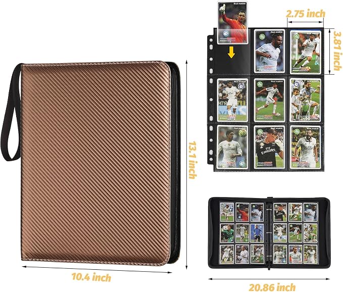GERMUN 3 Ring 9 Pocket Zipper Card Binder, 720 Double Sided Standard PU Trading Card Album Folder for TCG & Sports Cards, Not Fit Top Loaders (Brown)