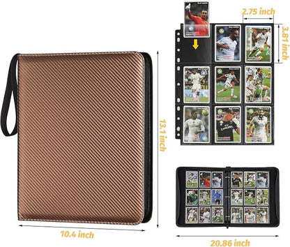 GERMUN 3 Ring 9 Pocket Zipper Card Binder, 720 Double Sided Standard PU Trading Card Album Folder for TCG & Sports Cards, Not Fit Top Loaders (Brown)