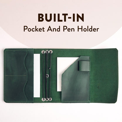 TORAKIP Genuine Leather A6 Journal Cover – Refillable Handmade Notebook Cover with 3 Elastic Bands, Pen Loop & Card Pockets – Travel Diary Case Fits A6 4.1" x 5.8" Notebooks (Paper Not Included), Green