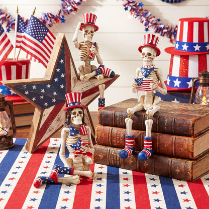 Soulchen 3 Pcs 4th of July Decorations Patriotic Skeleton Table Decor Skeleton Figurines Blue Red White American Flag Tabletop Decor for 250th Independence Day, Home Office Indoor Outdoor Party