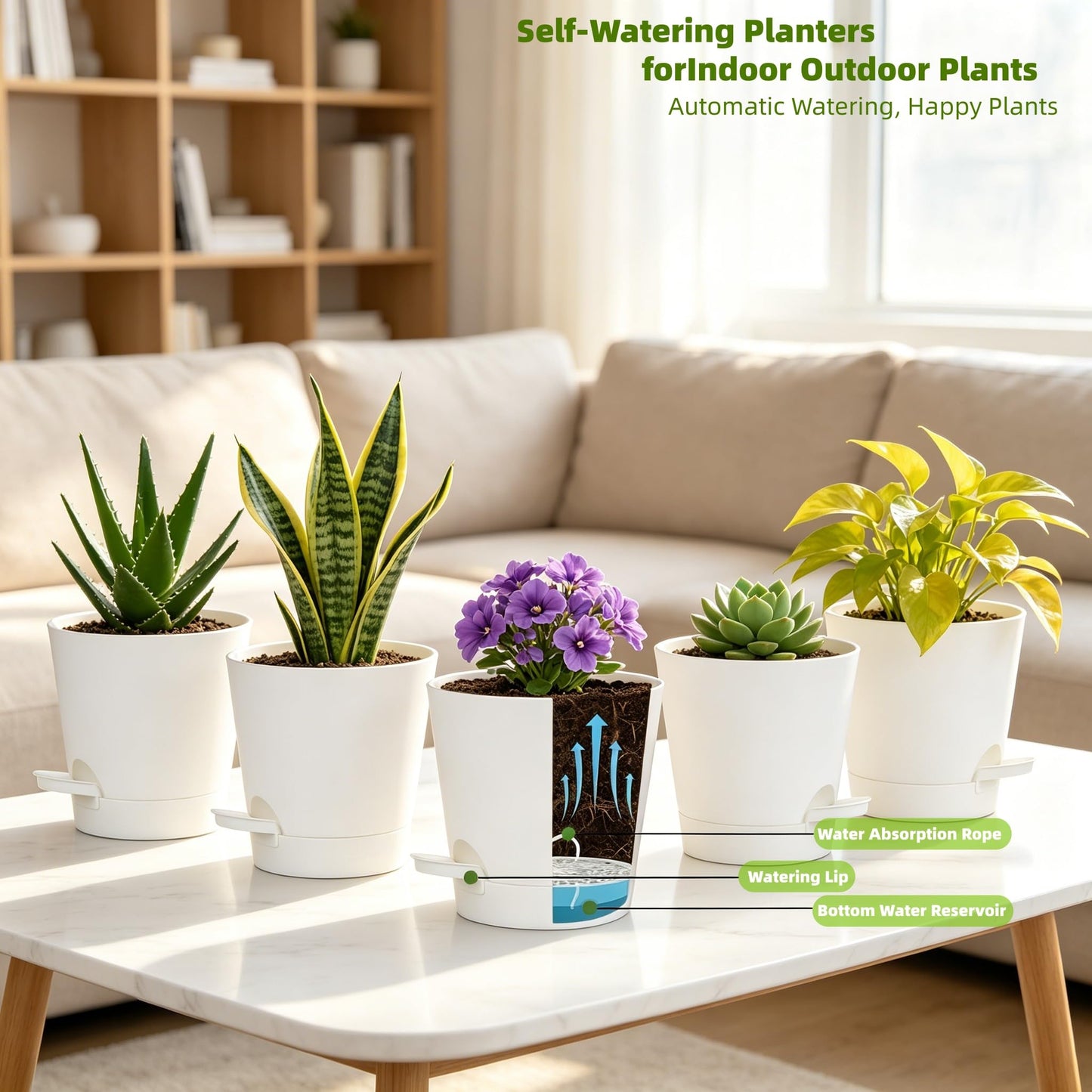 zople 5 Pack 5 Inch African Violet Pots Self Watering, Self-Watering Planters with Drainage Holes & Reservoir, White Plastic Pots for Indoor Outdoor Plants, Succulents & Flowers