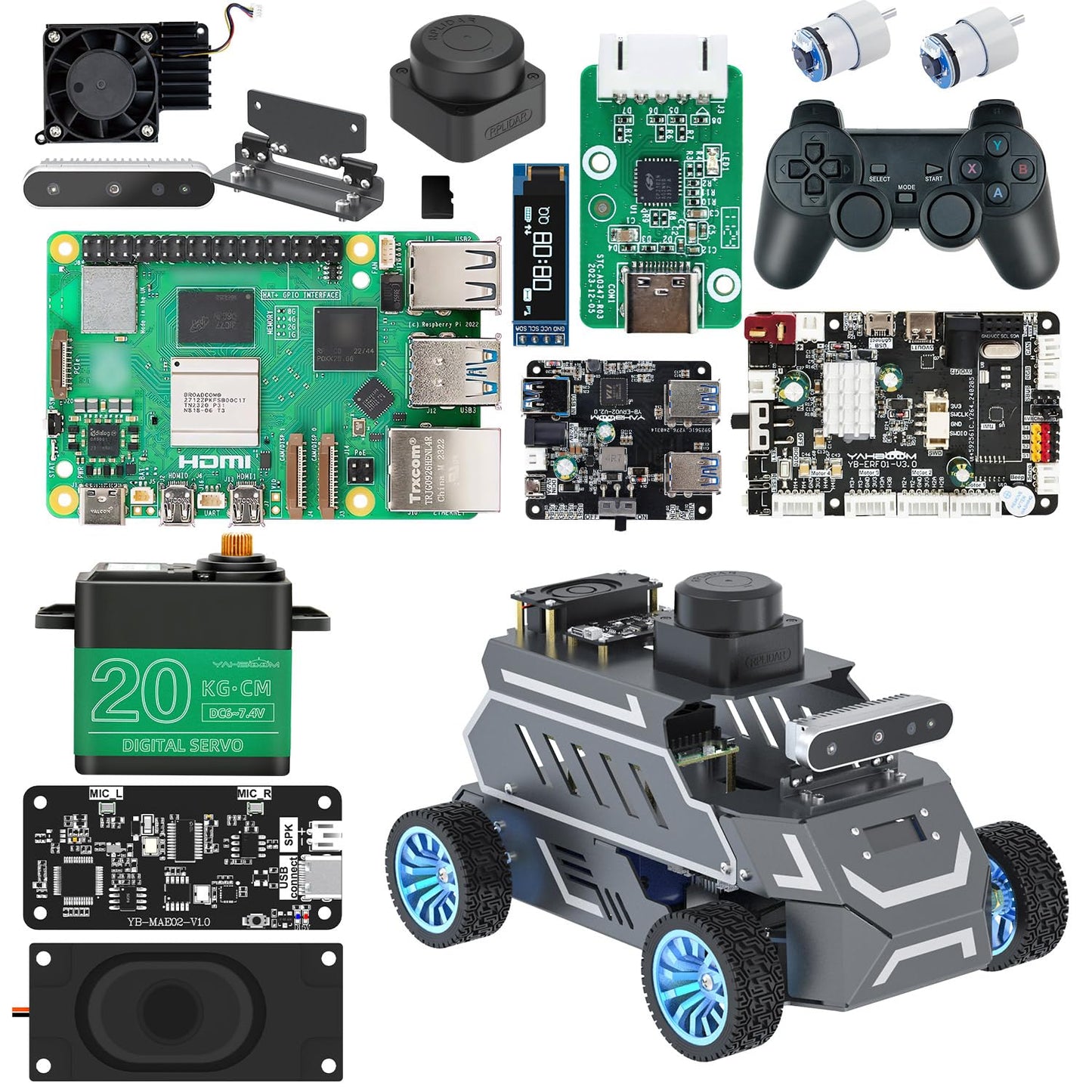 Yahboom Raspberry Pi 5 8GB for AI Robot Car,Supports RVIZ Simulation ROS2,TOF Lidar,SLAM Mapping Navigation, Tracking and Obstacle Avoidance (Ultimate Ver with Pi5-8GB)