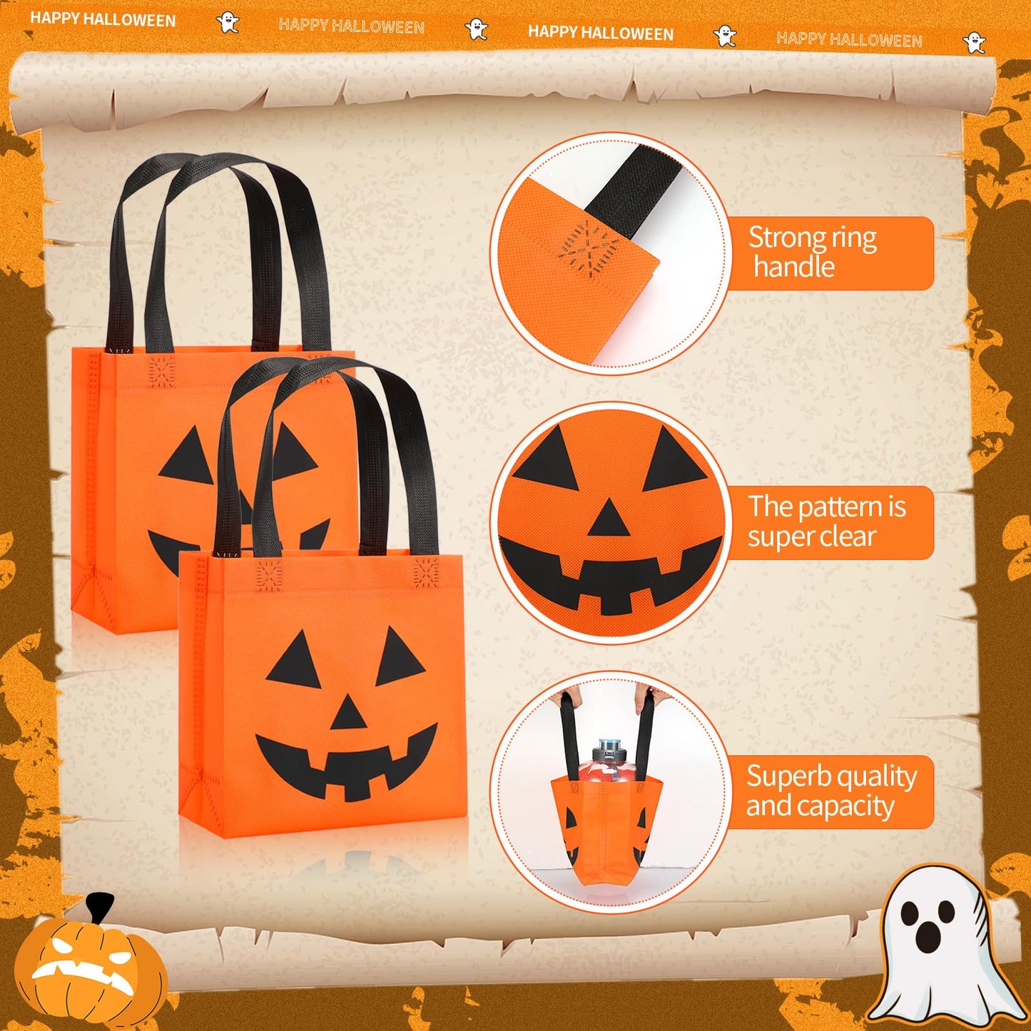 Silkfly 7.9 x 7.9 Inches Halloween Non Woven Bags Pumpkin Bags Trick or Treat Bags with Handles Goody Tote Gift Bag for Halloween Party Favors Supplies Kids Adults (50), (HAA-Silkfly-1274)