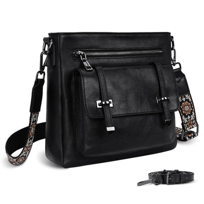 Iswee Soft Leather Crossbody Bags for Women Shoulder Handbags Multi Pocket Travel Purse with Adjustable Strap Medium Size (Black)