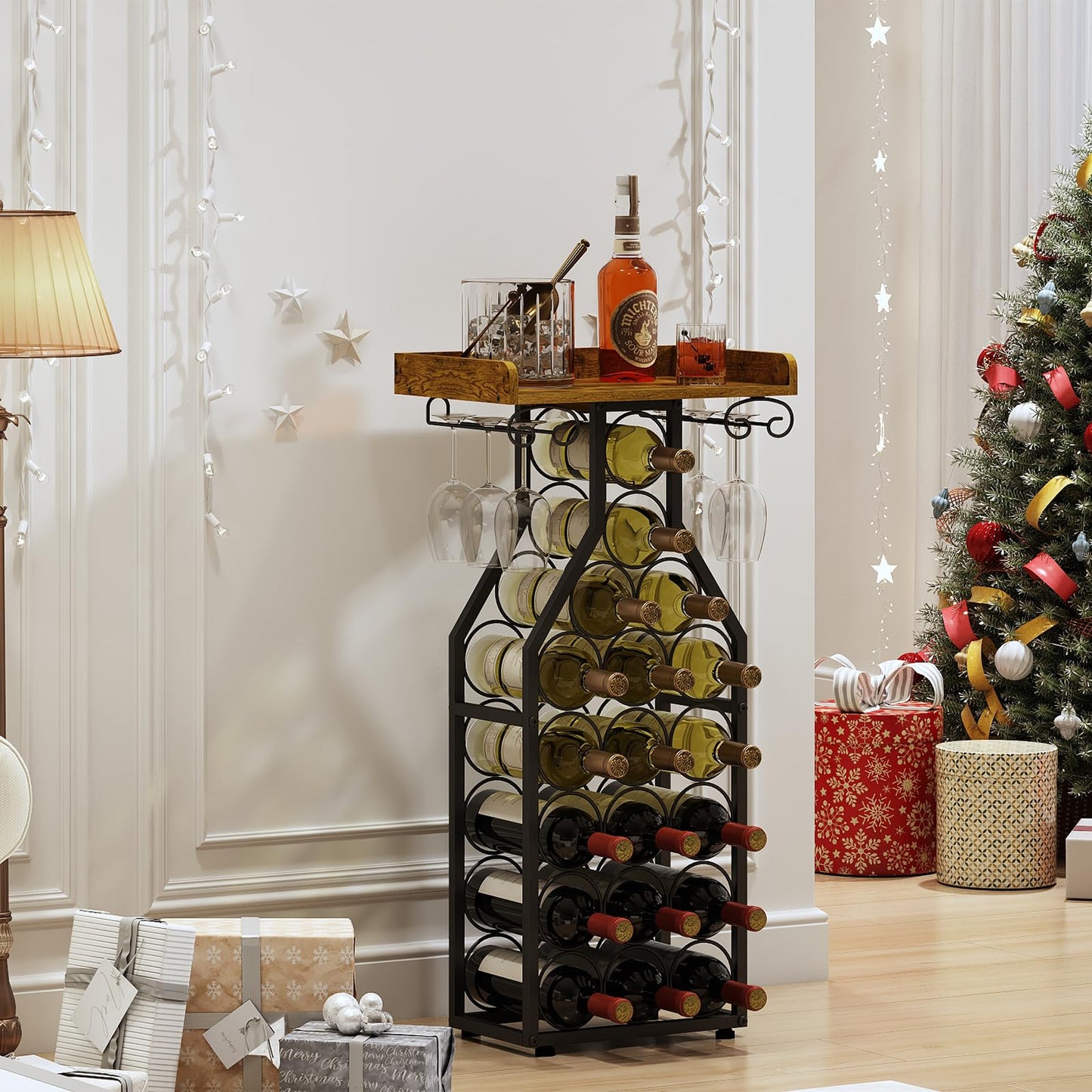 X-cosrack Wine Rack Freestanding Floor, Wine Storage Rack Mini Bar Table with Tabletop, Glass Holder Wine Bottle Display Stand Liquor Cabinet for Home Bar Kitchen Living Room