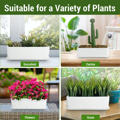 MyGift 14 Inch Ceramic Indoor Plant Pot with Drainage Hole, Rectangular Succulent Planter Window Box with Removable Saucer, Unglazed White