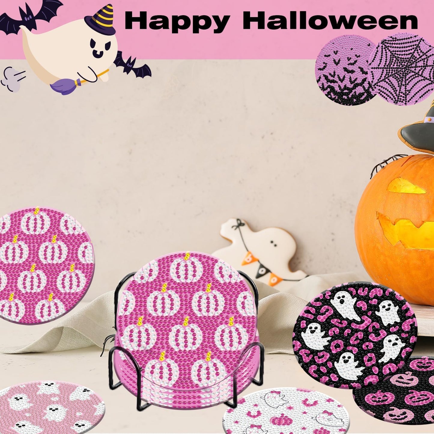 Denylo pro 8 Pcs Halloween Diamond Art Painting Coasters Kits with Holder DIY Pink Halloween Diamond Art Coaster for Adults