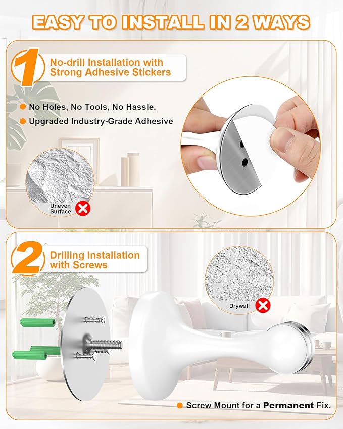 Crosize Magnetic Door Stoppers 8 Pack, Stainless Steel Door Stops for Wall and Floor Mounting, Door Holder Keep Door Open, No Drilling Door Stop with 3D Adhesive Tapes, White