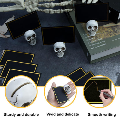 12pcs Halloween Skull Place Card Holders with 24 Cards, Skeleton Table Number Name Card Holder Gothic Photo Stands Display Centerpieces Halloween Table Setting Decor for Scary Birthday Wedding Party