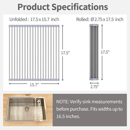 Roll Up Dish Drying Rack for Over Sink - 17.5"x15.7" Foldable Stainless Steel Kitchen Drainer,Gray