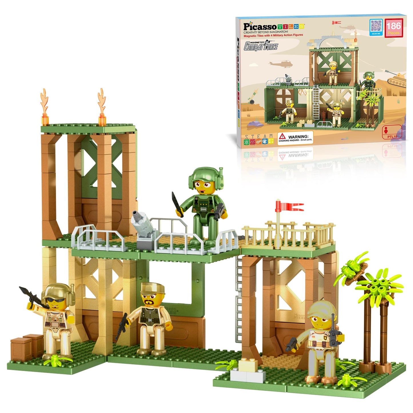 PicassoTiles Magnet Tile Building Brick Blocks Military Combat Force Theme Magnetic Tiles Construction Block Playset 4 Character Action Figures with Weapons Interlocking Bricks STEM Toy Ages 3+ PTL18