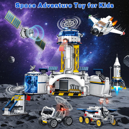 Sitodier Space Station and Rocket Launch Building Blocks Set, Space Exploration Toy for Creative Role Play, Explore Moon Bace Adventure Toy 1 Big and 6 Small Models for Kids Boys 7 8 9 10 11 12 13 14
