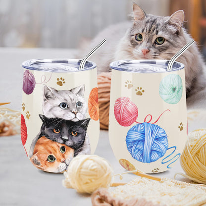 NymphFable 12oz Cat Cup Wine Tumbler With Straw and Lid Stainless Steel Travel Mug Insulated Double Wall