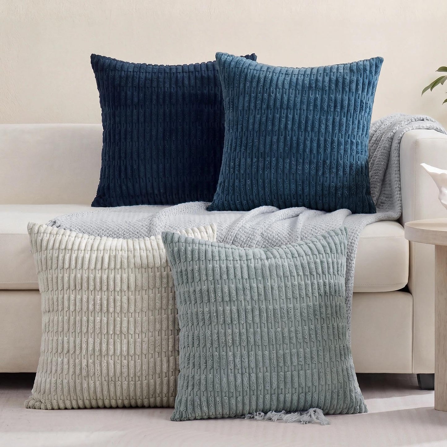Softalker Throw Pillow Covers 18x18 Inch, Set of 4, Corduroy Soft Striped Farmhouse Boho Pillow Cover, Modern Decorative Cushion Pillow Case for Couch Sofa Bedroom Living Room, Grey/Blue