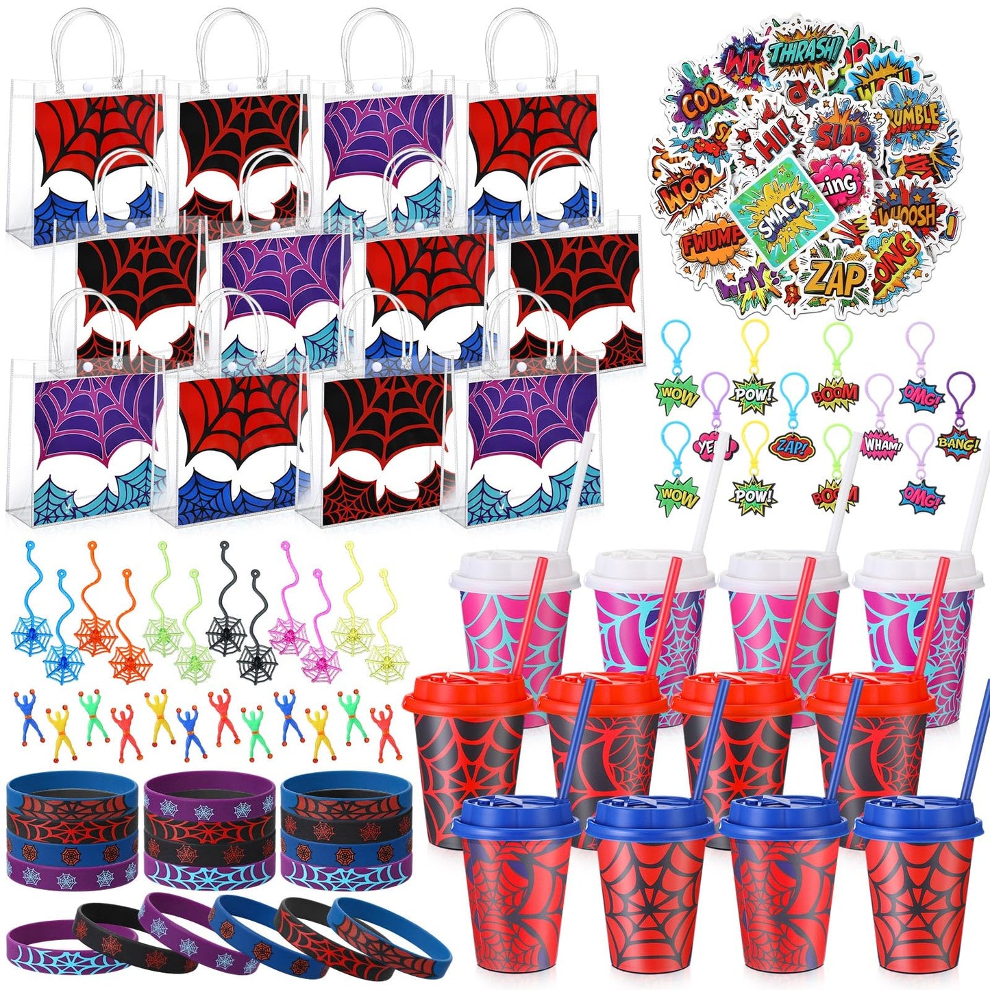 Lzuhoa 122 Pcs Spider Party Favors Birthday Decorations Includes 12 Spider Goodie Bags 12 Party Cups with Lids and Straws, 12 Keychains, 12 Bracelets, 50 Stickers, 24 Spider Goodie Bags Stuffers