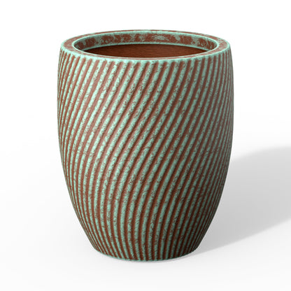 Humid Jade 13-Inch Tall Round Fluted Concrete Planter, Mineral-Toned Surface Plant Pot with Drainage Hole for Succulents, Flowers and Trees for Porch, Patio or Home, Verdigris Mist