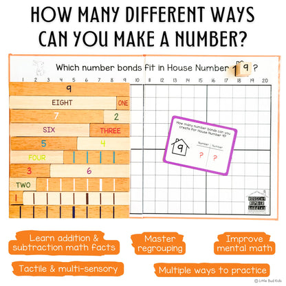 LITTLE BUD KIDS House of Number Buddies Math Game, a Number Bonds Math Toy with Counting Rods and Addition & Subtraction Flash Cards, a Montessori Material for Kids 4-8 Years Old