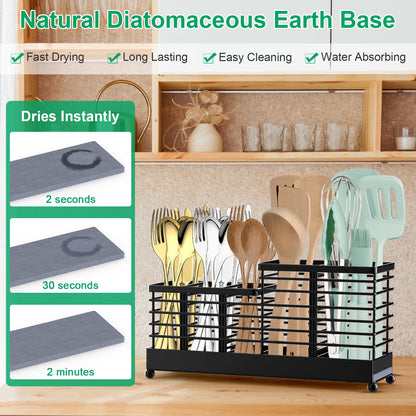TomCare Utensil Holder with Water Absorbent Diatomite Stone 3 Removable Dividers Large Silverware Organizer Sturdy Cooking Utensils Organizer Caddy Metal kitchen Organizers and Storage for Counter