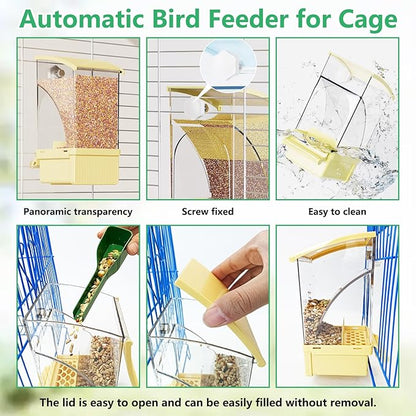 Hamiledyi 2Pcs Automatic Bird Feeder No Mess Bird Cage Feeder Transparent Acrylic Parrot Seed Food Container with Perch Cage Accessories for Parakeet Finch Lovebirds Budgies Canary (Yellow)