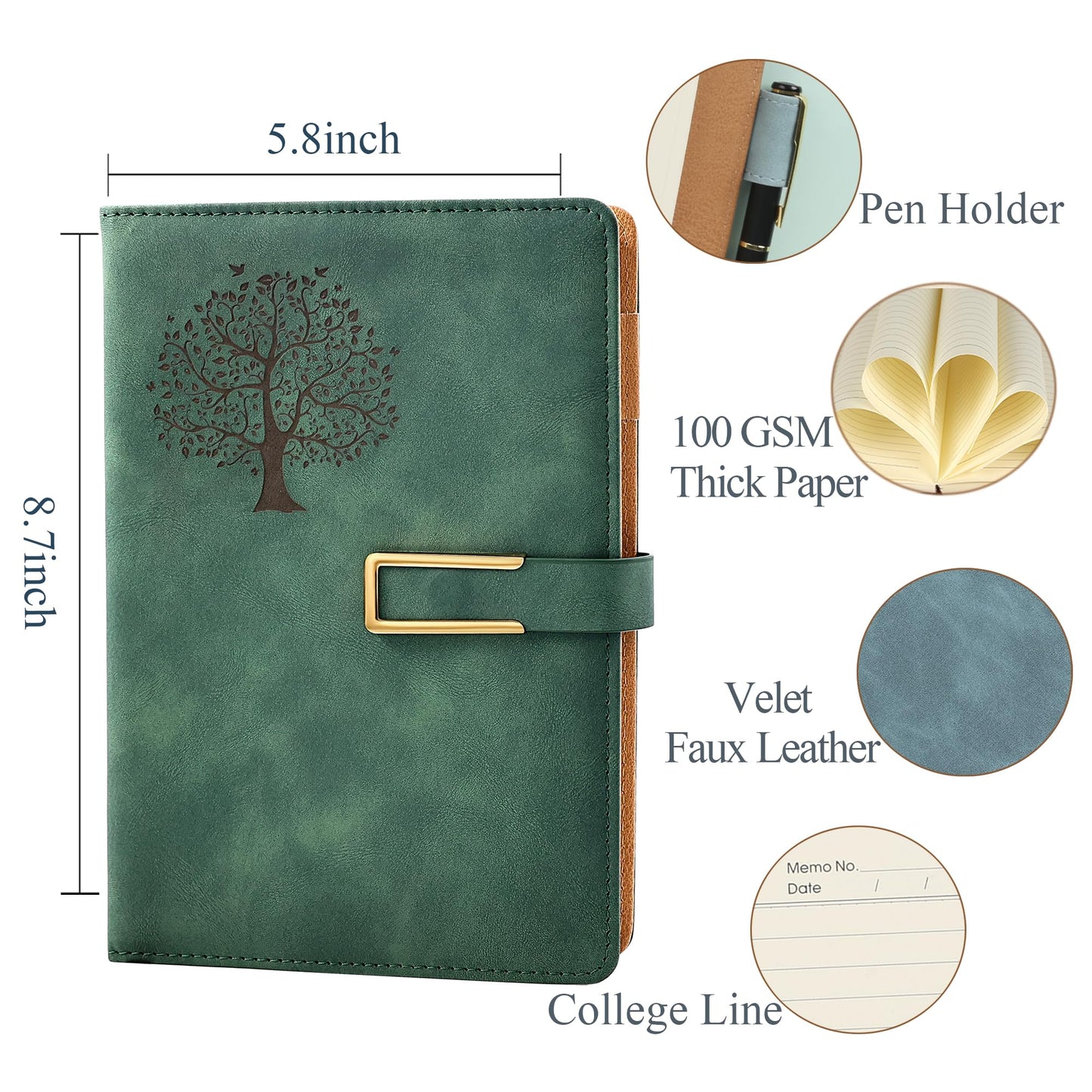 Fanery Sue Tree of Life Refillable Writing Journal for Women&Men Faux Leather Hardcover Notebook A5 College Ruled 200 Lined Pages Lay-Flat Personal Diary with Pen&Magnetic Buckle (Tree of Life-Green)