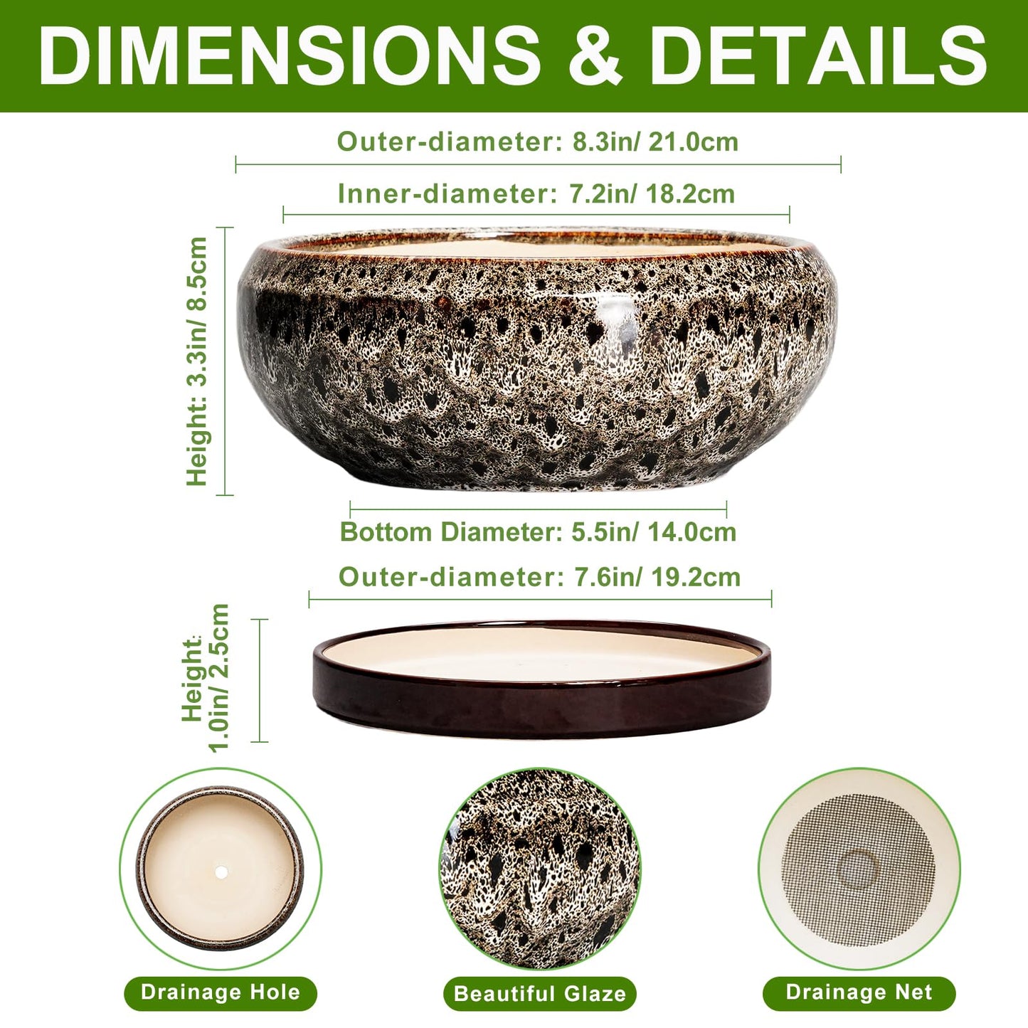 EPFamily Bonsai Pots - 8 Inch Ceramic Pots for Plants with Drainage Hole and Saucer, Round Succulent Pot, Bonsai Planters Indoor Outdoor, Shallow Planter Bowl, Patio Decor, Gardening Gift, White