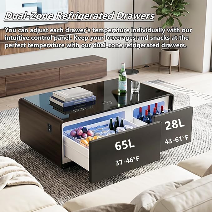Smart Coffee Table with Fridge and Bluetooth Speakers, Smart Refrigerator Table with 15W Wireless Charger, Touch Control Panel, USB Port, Atmosphere Light and More, LT90 Pro-Brown