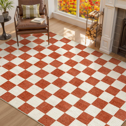 Machine Washable 5x7 Area Rugs for Living Room Checkered, Non Slip Soft Low Pile Farmhouse Halloween Modern Neutral Playroom Boys Rugs for Bedroom, Large Carpet Rugs for Dining Room(Orange,5'x7')