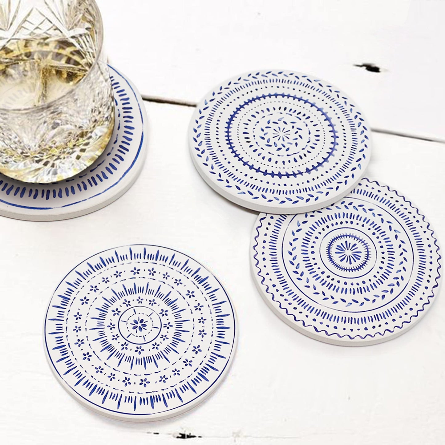 AD Set of 6 Coasters for Drinks Absorbing Round Ceramic Stone Coaster with Cork Base,Tabletop Protection Mat for Mugs and Cups,Office,Kitchen (Nordic Blue)