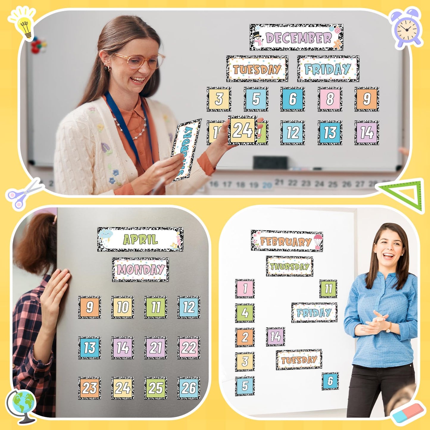 Ireer 54 Pcs Composition Calendar Magnets for Classroom Pastel Magnetic Fridge Calendar Months Days of The Week Number Magnets Date Indicators for Home Classroom Whiteboard Refrigerator Supplies