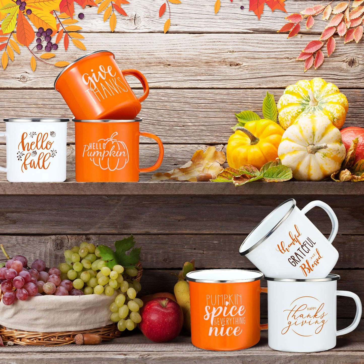 Fall Coffee Mugs 12 oz Thanksgiving Enamel Mug Autumn Coffee Mug Outdoor Camper Mug Hello Fall Pumpkin Spice Give Thanks Sign Camping Tea Cup Decor for Christmas Halloween Party Campfire(24 Pcs)
