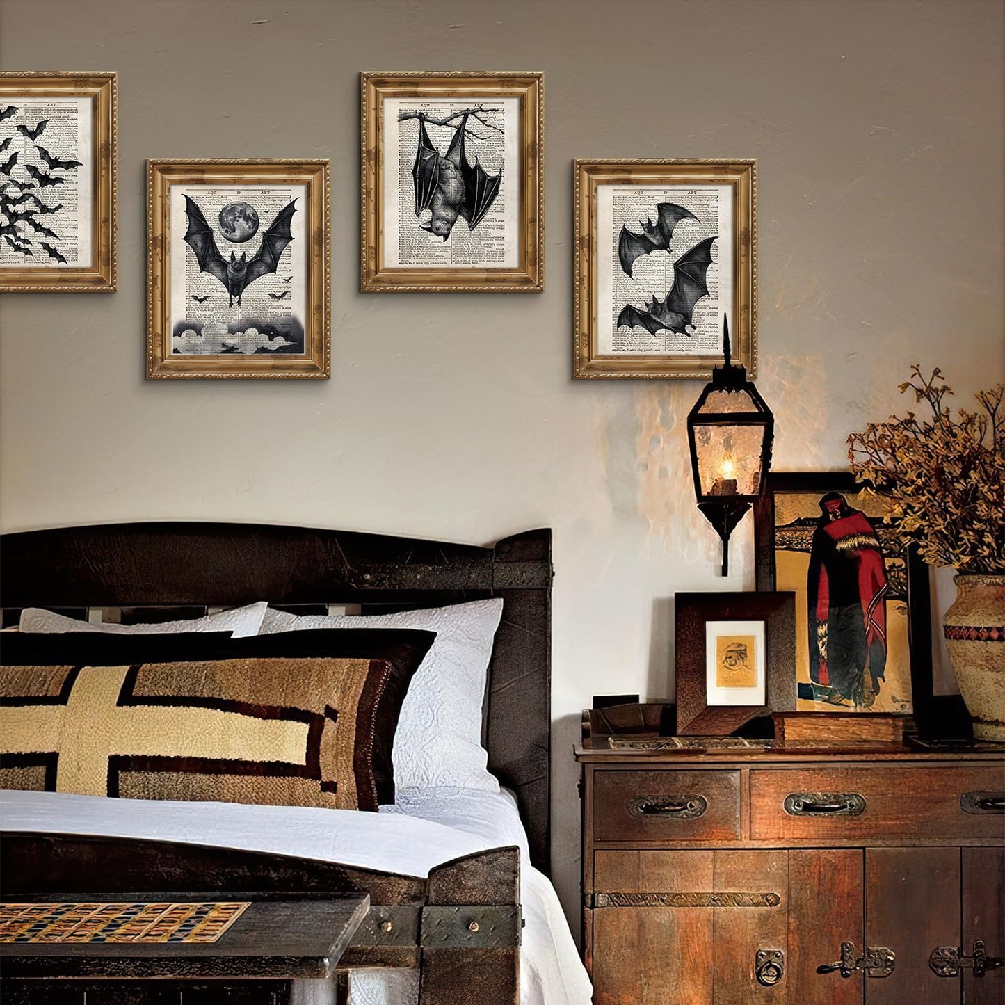 VONTP Dark Academia Gothic Bat Wall Art Decor, Gothic Room Decor, Retro Mystical Full Moon Bats Goth Prints Poster Wall Decorations for Bedroom Living Room Home, 8x10 Set of 4 (Unframed)