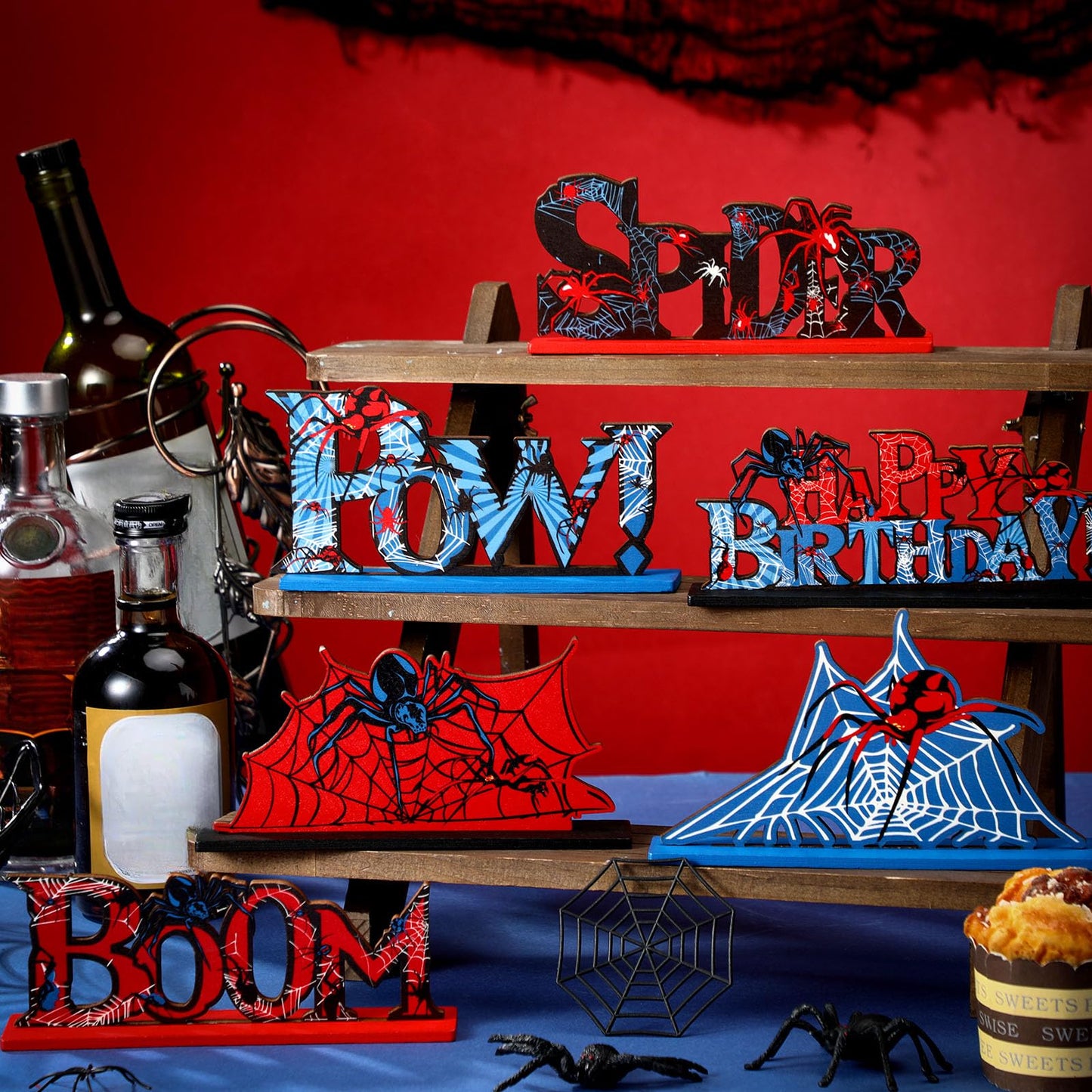 Yuntau 6 Pcs Spider Bithday Party Decoraions Spider Wooden Table Decorations Red and Blue Pattem Design Happy Birthday Table Centerpiece Sign for Boy Cartoon Party Supplies