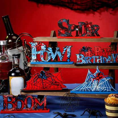 Yuntau 6 Pcs Spider Bithday Party Decoraions Spider Wooden Table Decorations Red and Blue Pattem Design Happy Birthday Table Centerpiece Sign for Boy Cartoon Party Supplies