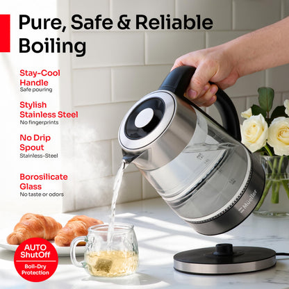 Mueller RapidBoil Electric Kettle 1.8L – Borosilicate Glass & Stainless Steel – BPA-Free Tea Kettle, LED Light, Auto Shut-Off, Boil Dry Protection Water Heater – Fast Heating, Kitchen Appliances