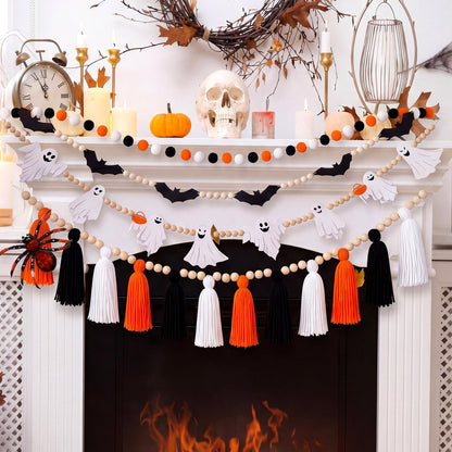 RattanView 4 Pcs Halloween Banner Set 6.6ft Wooden Bead Ghost Bat Tassel Garland Black Orange White Decor Spooky Hanging Banners Trick or Treat Garland for Halloween Home Fireplace Mantel Decoration