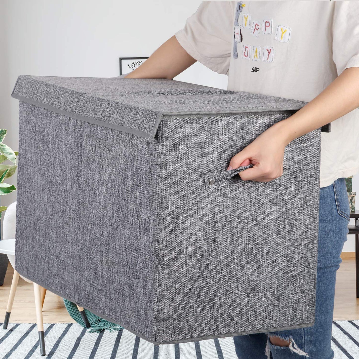 popoly Large Toy Box Storage with Lid, Collapsible Sturdy Toy Chest Storage Bin Box with Rivets Handles for Kids, Boys, Girls, Nursery, Playroom, Living Room, Bedroom, 25"x 13" x 16" (Linen Gray)
