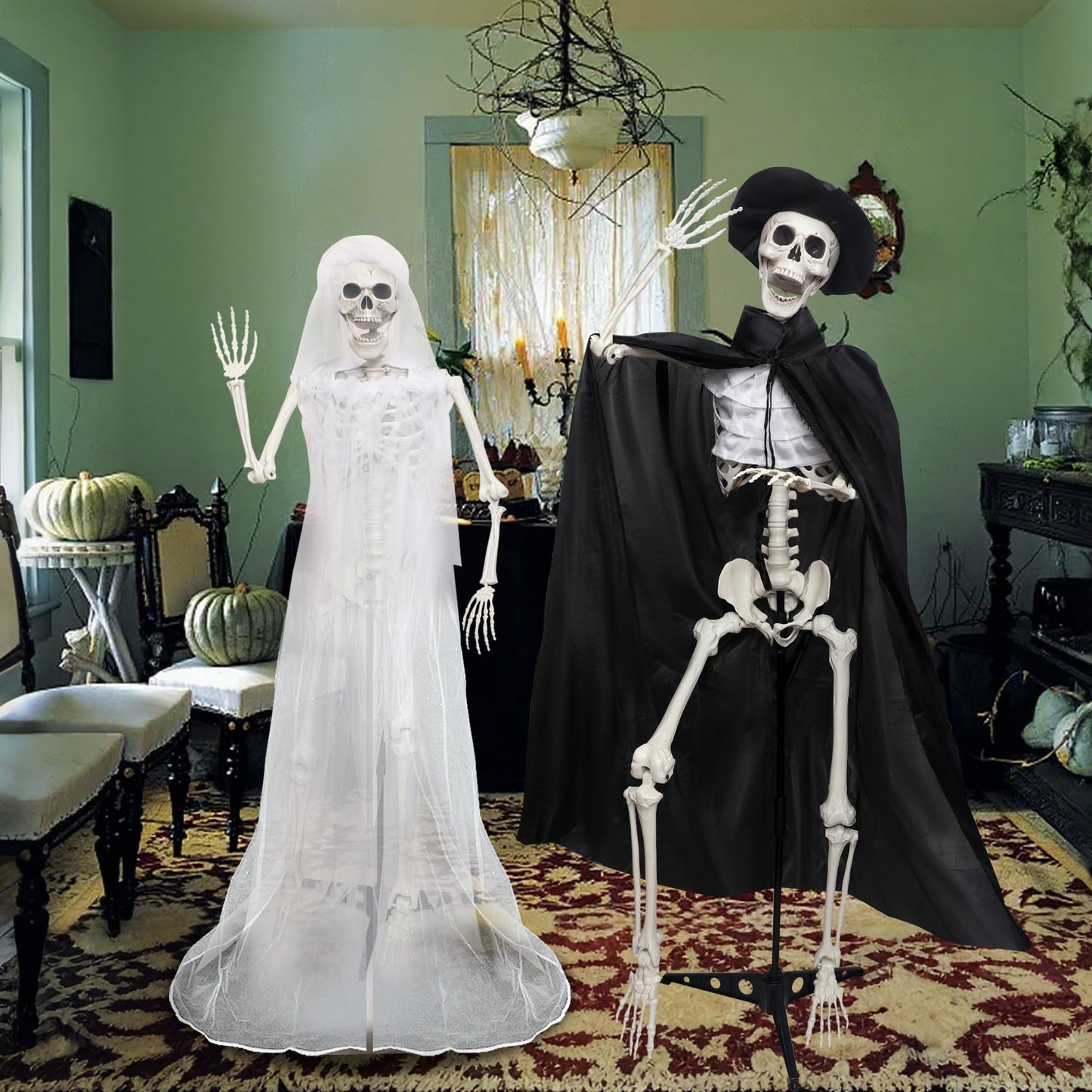 2PC 5.4Ft Life Size Skeletons with Stand Gothic Skeleton Bride and Groom Plastic Skeleton with Movable Joints for Halloween Party Haunted House Front Lawn Decoration