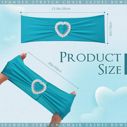VitalCozy 100 Pcs Spandex Chair Sashes with Heart Shaped Buckle Slider Stretch Chair Cover Band Universal Elastic Ties for Wedding Banquet Event Party Decoration(Turquoise)