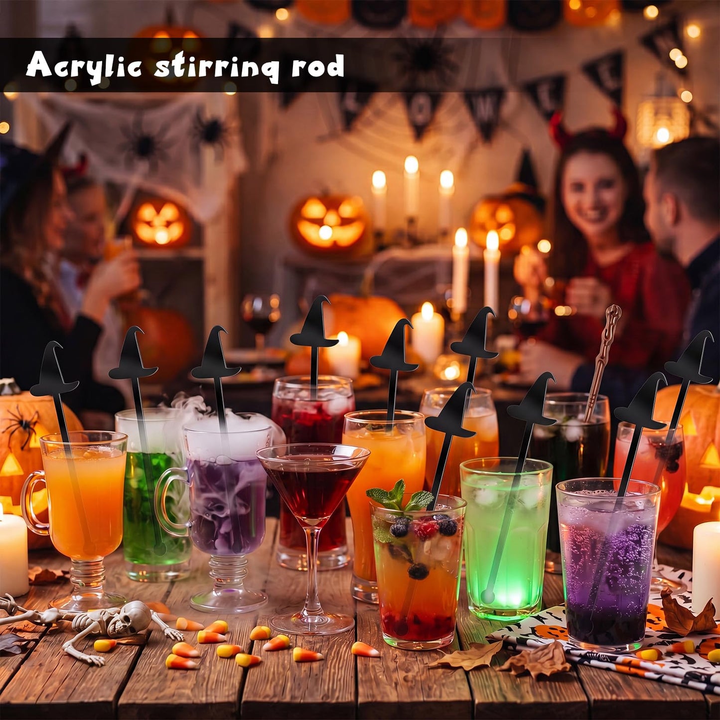 LemonRoad 100 Pcs Witch Party Supplies Swizzle Sticks Black Plastic Coffee and Cocktail Stirrers 5.9 Inch Reusable Black Witch Hat Cocktail Mixers Bulk for Bar Weddings Events Halloween (Classic)