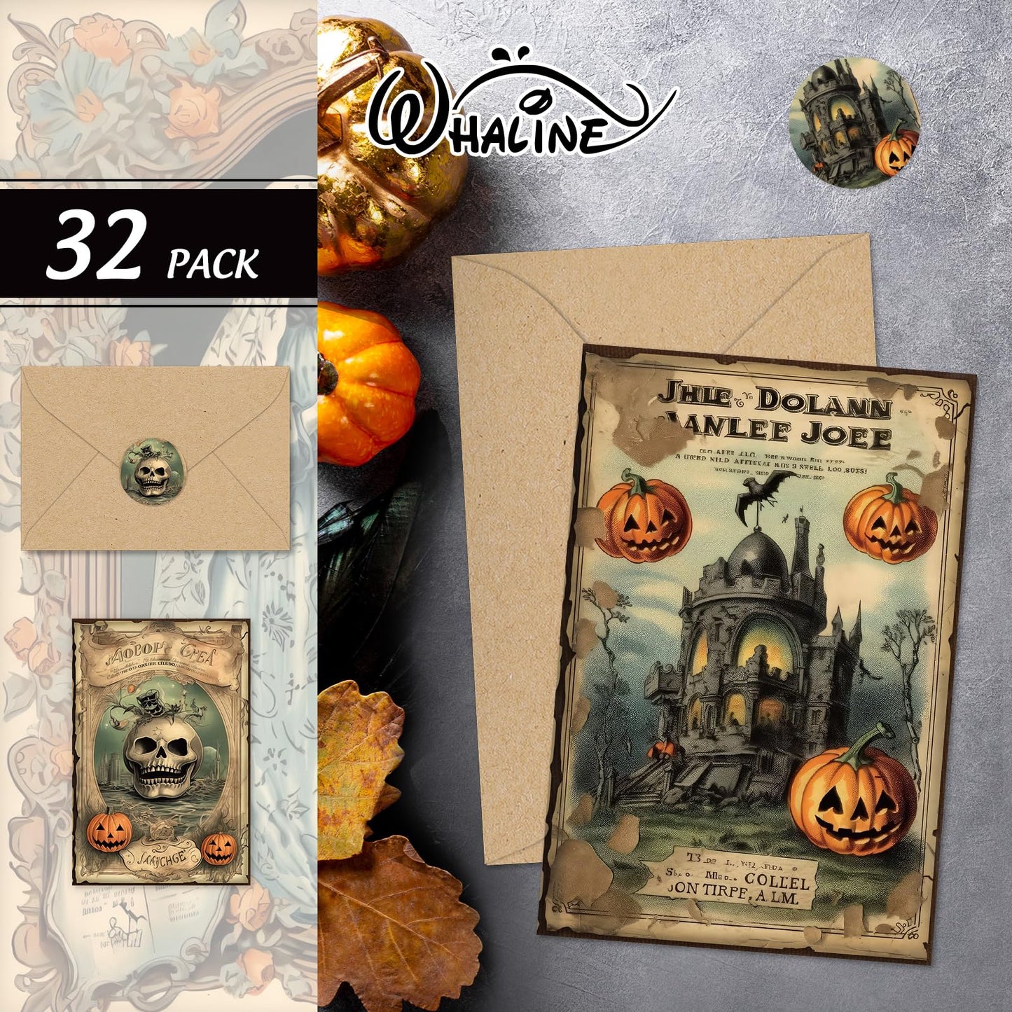 Whaline 32 Pack Halloween Greeting Cards with Stickers Envelopes Vintage Pumpkin Black Cat Skull Blank Note Cards for Trick or Treat Invitation, 4 x 6 Inch