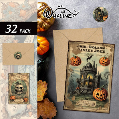 Whaline 32 Pack Halloween Greeting Cards with Stickers Envelopes Vintage Pumpkin Black Cat Skull Blank Note Cards for Trick or Treat Invitation, 4 x 6 Inch