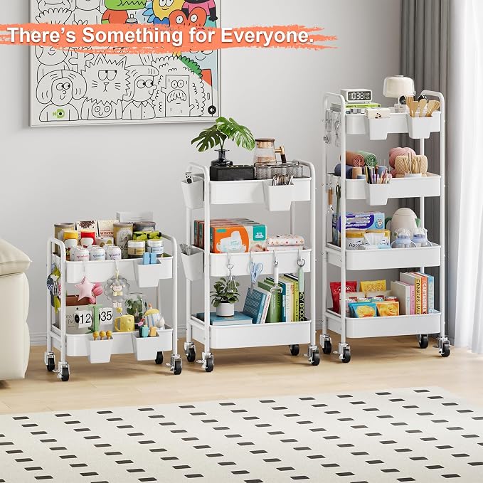 2 Tier Small Rolling Cart Metal with Wheels, White Under Desk Storage Cart on Wheels, Short Utility Roller Caddy Carts Organizer for Art,Craft,Pantry,Bathroom, Two Tiered Shelf Trolley, 22 Inches Tall