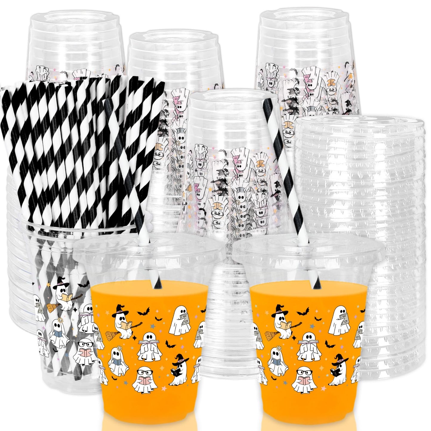 Whaline 50 Pcs Halloween Disposable Plastic Cups with Lids and Straws Spooky Reading Book Ghost Theme Cold Beverage Drinking Cups for Trick or Treat Birthday Party Supplies
