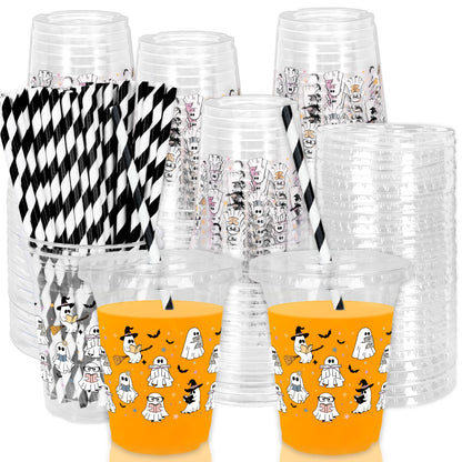 Whaline 50 Pcs Halloween Disposable Plastic Cups with Lids and Straws Spooky Reading Book Ghost Theme Cold Beverage Drinking Cups for Trick or Treat Birthday Party Supplies