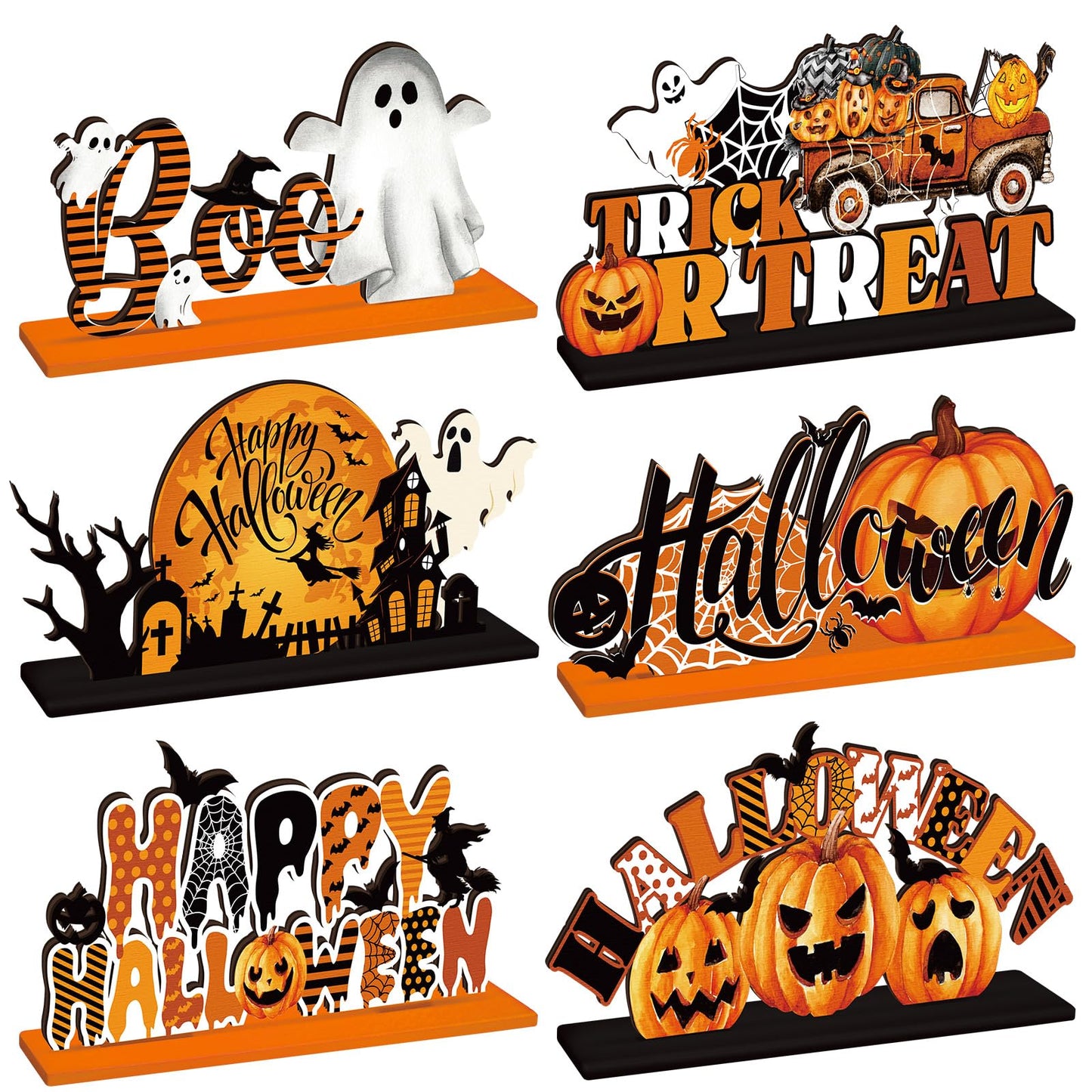 6 Pcs Happy Halloween Table Decorations Pumpkin Ghost Table Centerpiece Witch Trick or Treat Boo Wooden Sign with Letter for Home Halloween Party Decorations Indoor Outdoor