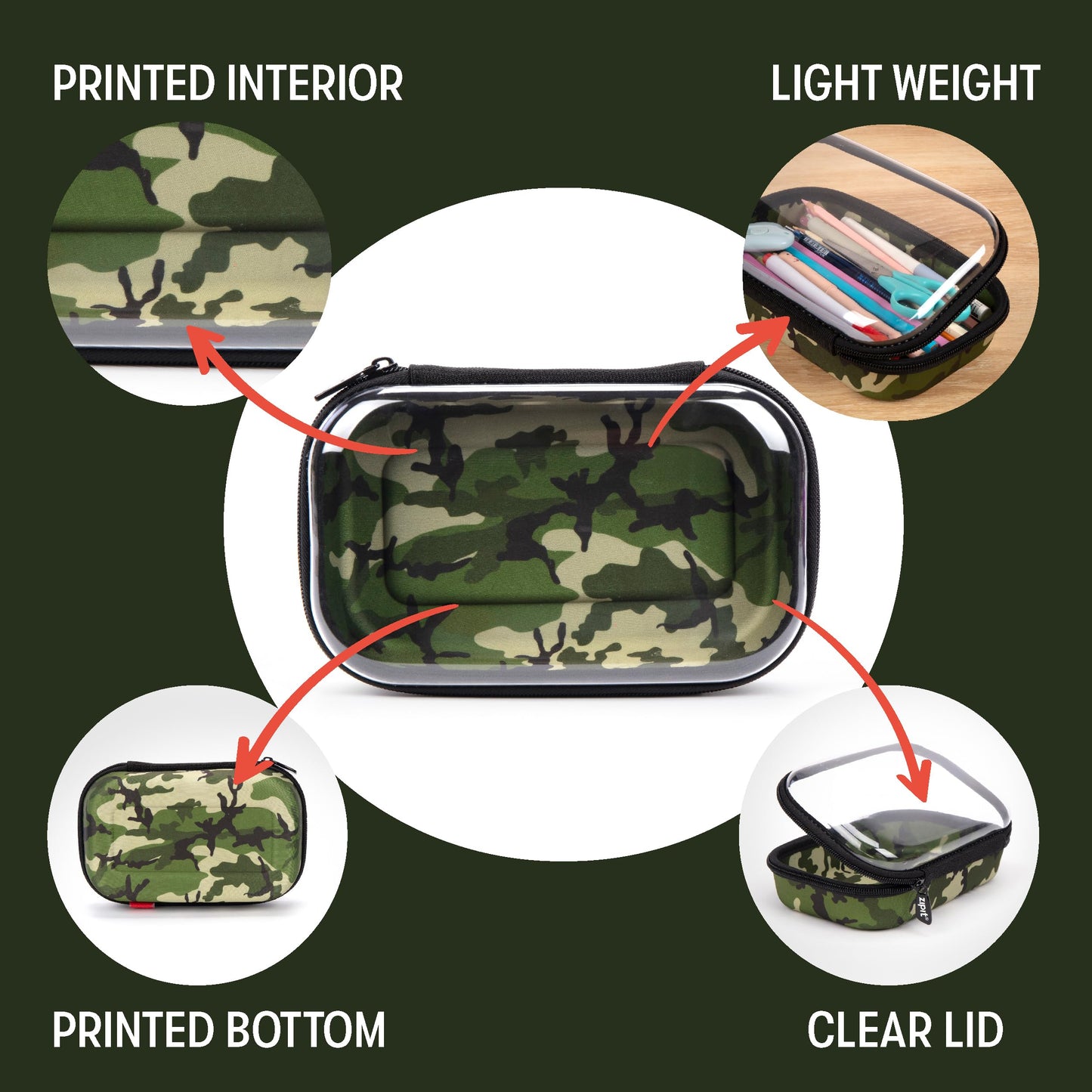 ZIPIT Clear Top Pencil Case for Kids, Durable Pencil Box for School, Large Capacity Stationery Organizer Box, Camo