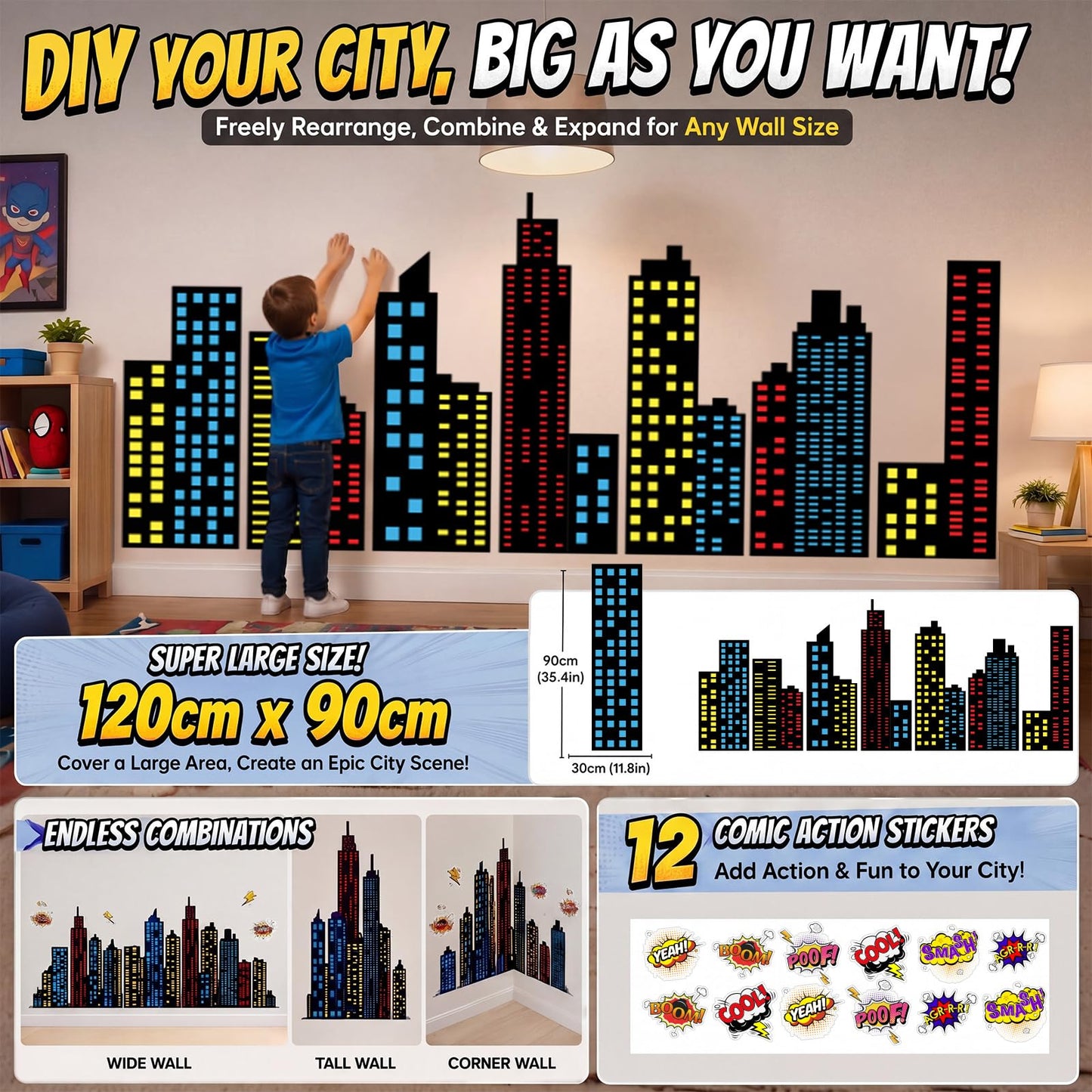 Crtiin 19 Pcs Large Hero Theme City Skyline Wall Decal 12 Comic Words and 7 Large Cityscape Wall Decal Art New York Skyline Hero for Birthday Classroom Backdrop Back to School Hallway Blackboard